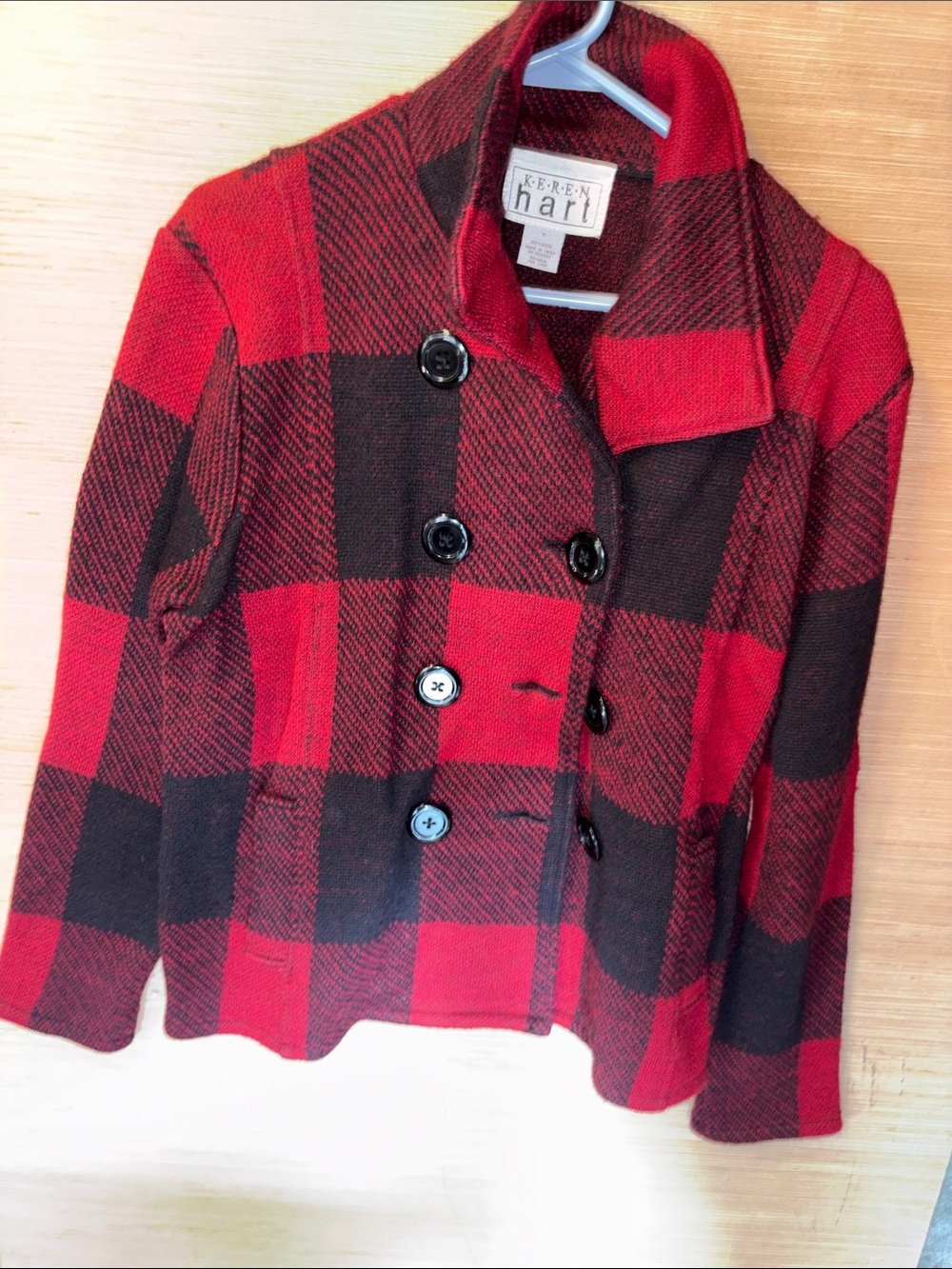 KEREN hart Red and Black Plaid Double-Breasted Wool Pea Coat